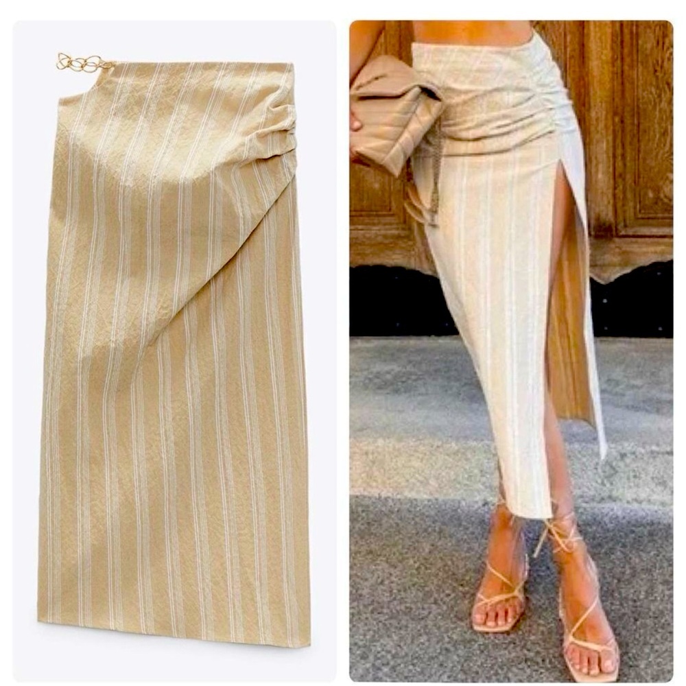 Zara Tan & White Pin Stripe Skirt w/ slit & chain. Large